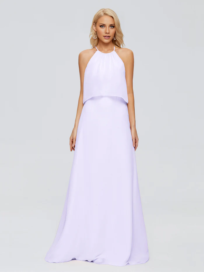 Post neck chiffon and floor length bridesmaid dress