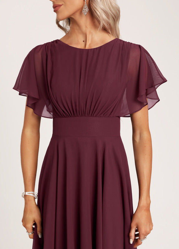Ruffled A-line Spoon Asymmetric Chiffon Bridesmaids Dress