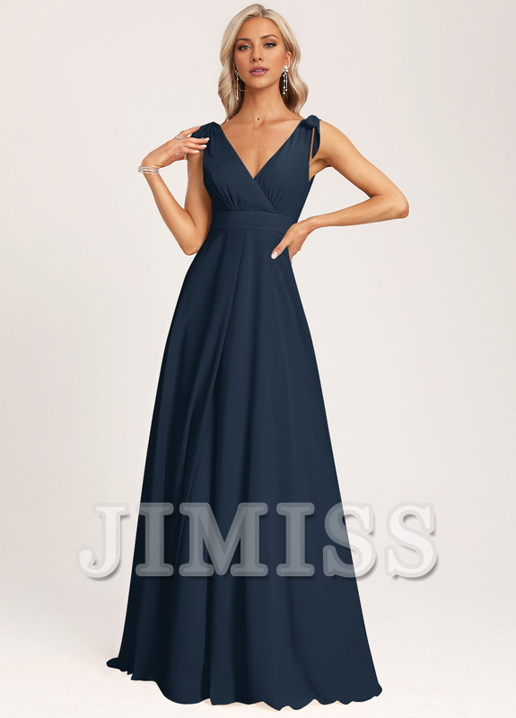 A-link V-neck and ground chiffon bow bridesmaid dress