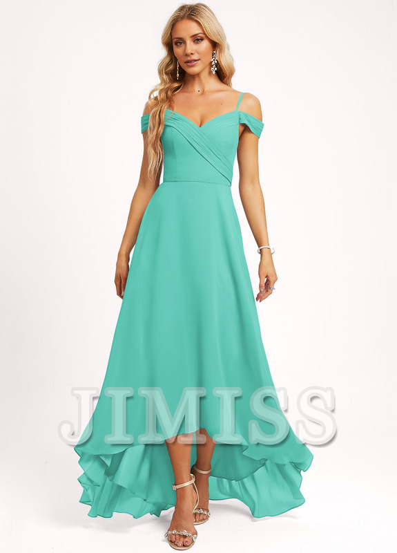 A-line off-shoulder asymmetric chiffon bridesmaid dress