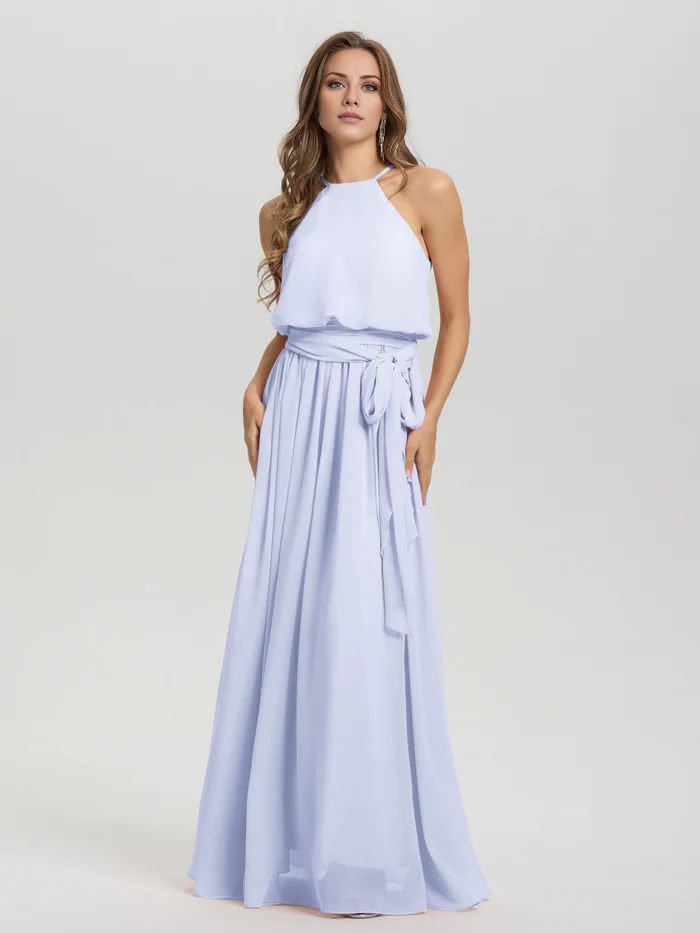 Hanging neck low round neck sleeveless chiffon and floor length Bridesmaid dresses