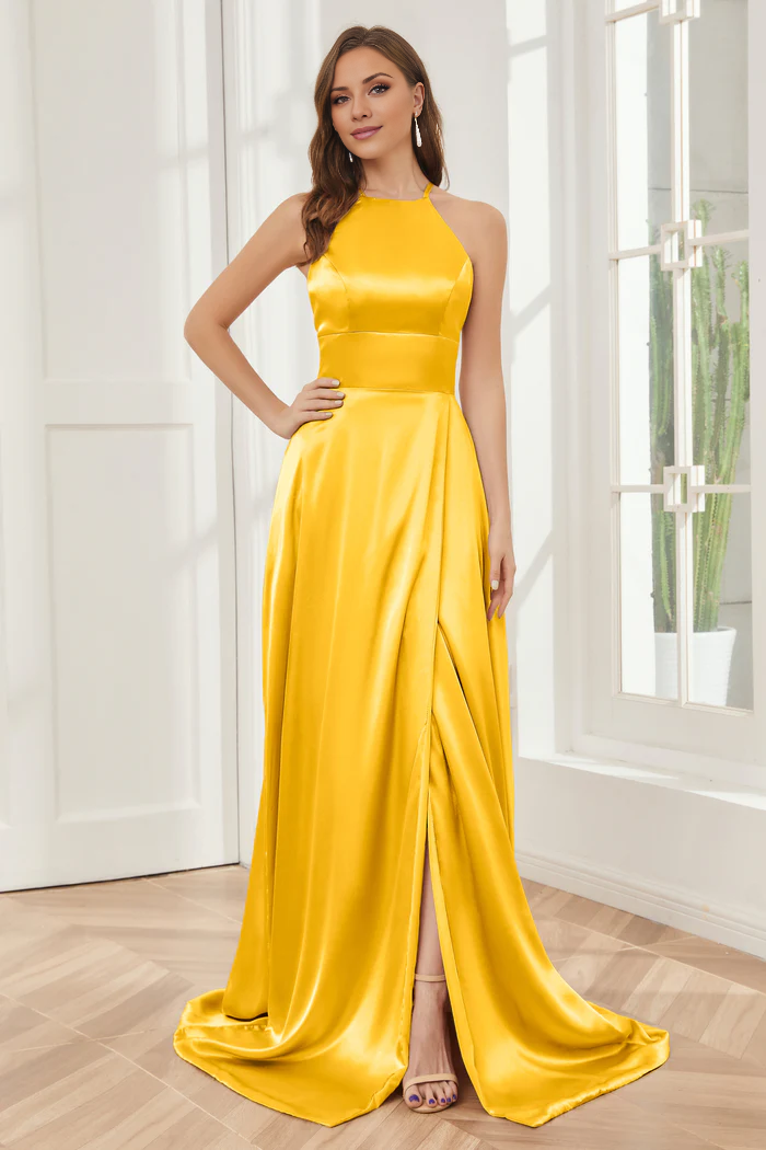 Column neck hanging soft satin and floor length bridesmaid dress