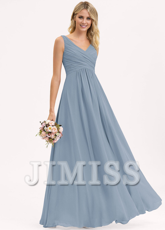 A-line V-neck floor-length chiffon pleated bridesmaid dress