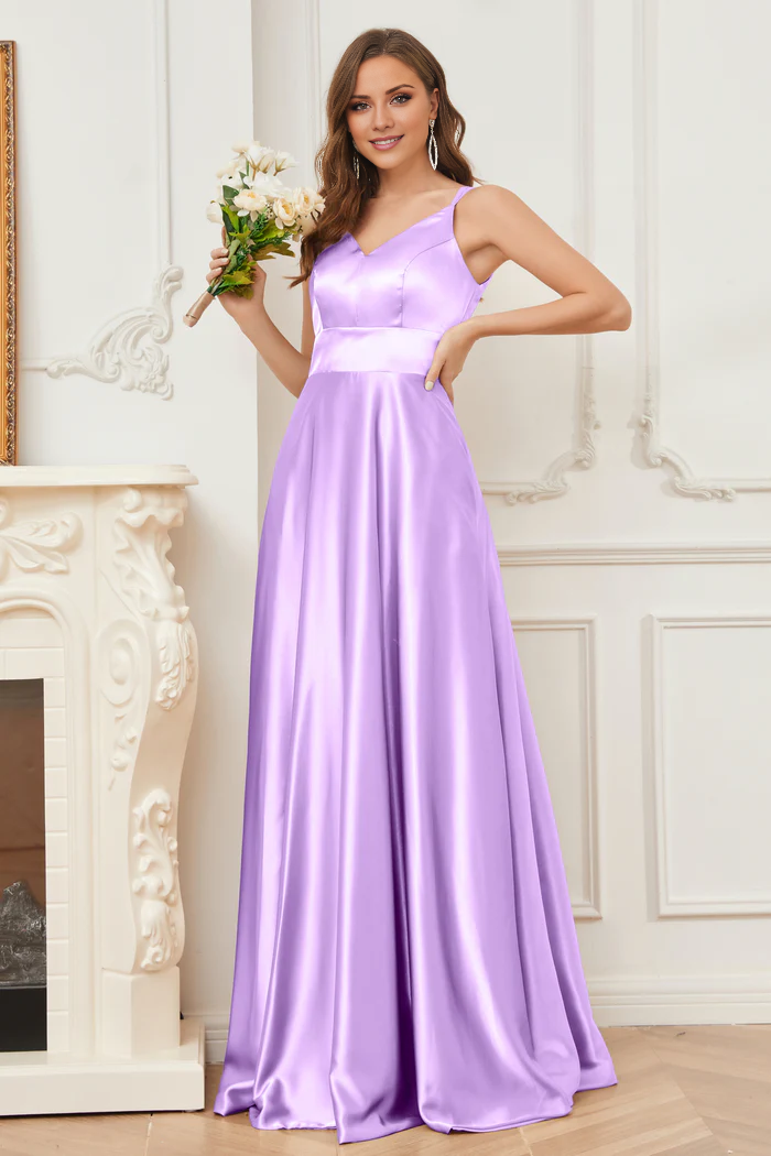 Thin shoulder strap V-neck soft satin and floor length bridesmaid dress