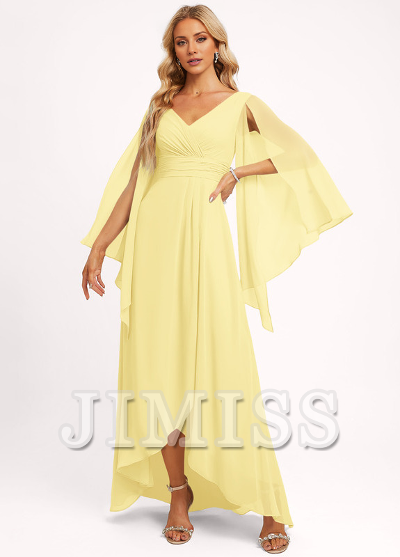 Ruffled A-line V-neck Asymmetric Chiffon Bridesmaids Dress