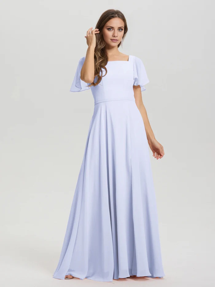 A-line square collar ruffled short sleeved and ground chiffon/ground length bridesmaid dress