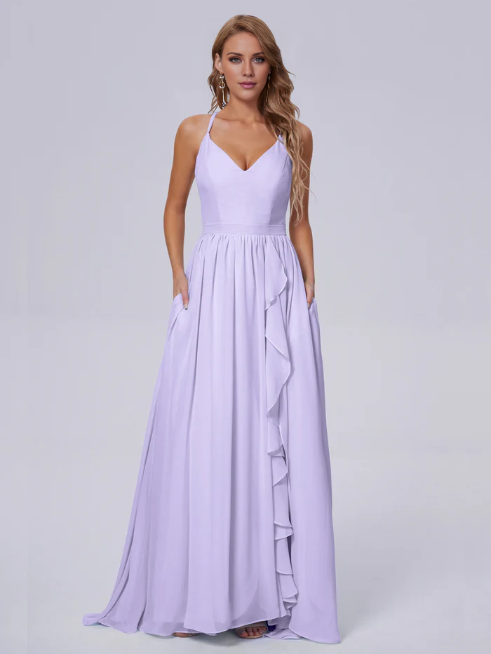 Elegant shoulder strap chiffon and floor length bridesmaid dress