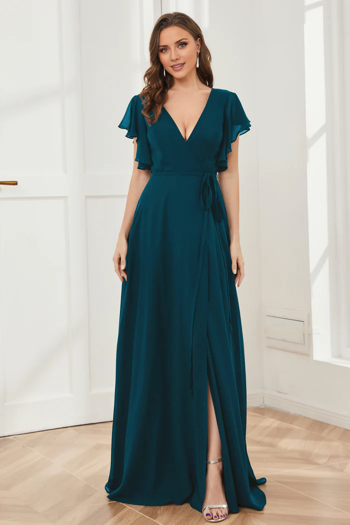 V-neck ruffled sleeve chiffon slit and floor length bridesmaid dress