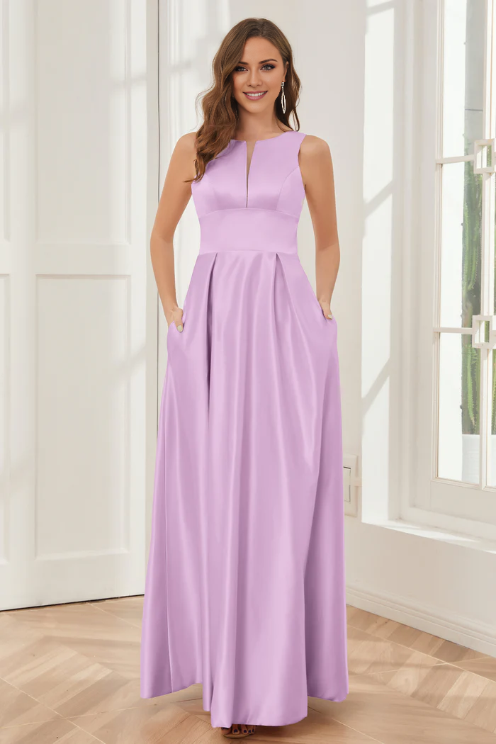 A-line sleeveless satin and floor length bridesmaid dress