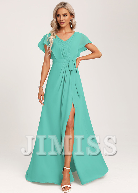Ruffled A-line V-neck Floor-length Chiffon Bridesmaids Dress