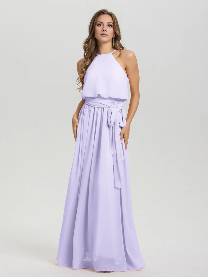 Hanging neck low round neck sleeveless chiffon and floor length Bridesmaid dresses