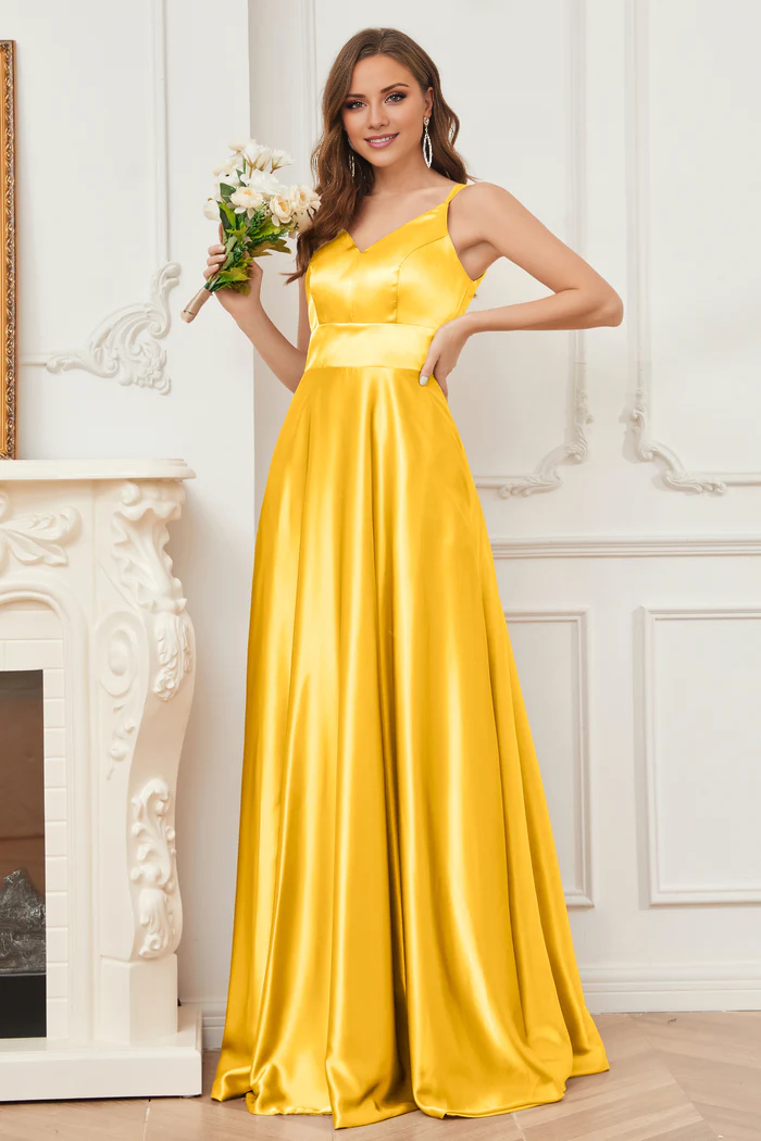 Thin shoulder strap V-neck soft satin and floor length bridesmaid dress
