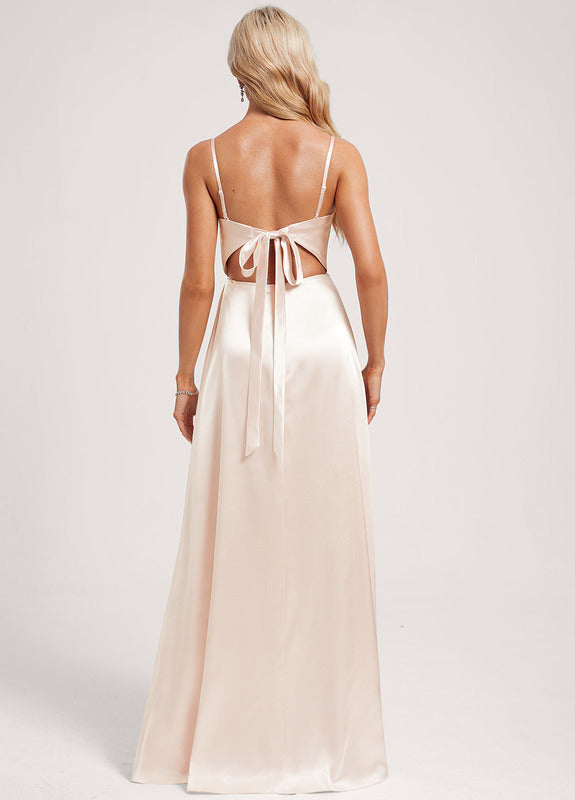 A-line V-neck floor-length satin bow bridesmaid dress