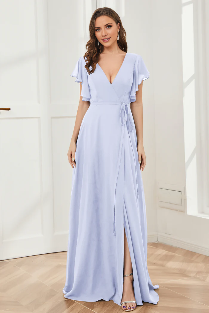 V-neck ruffled sleeve chiffon slit and floor length bridesmaid dress