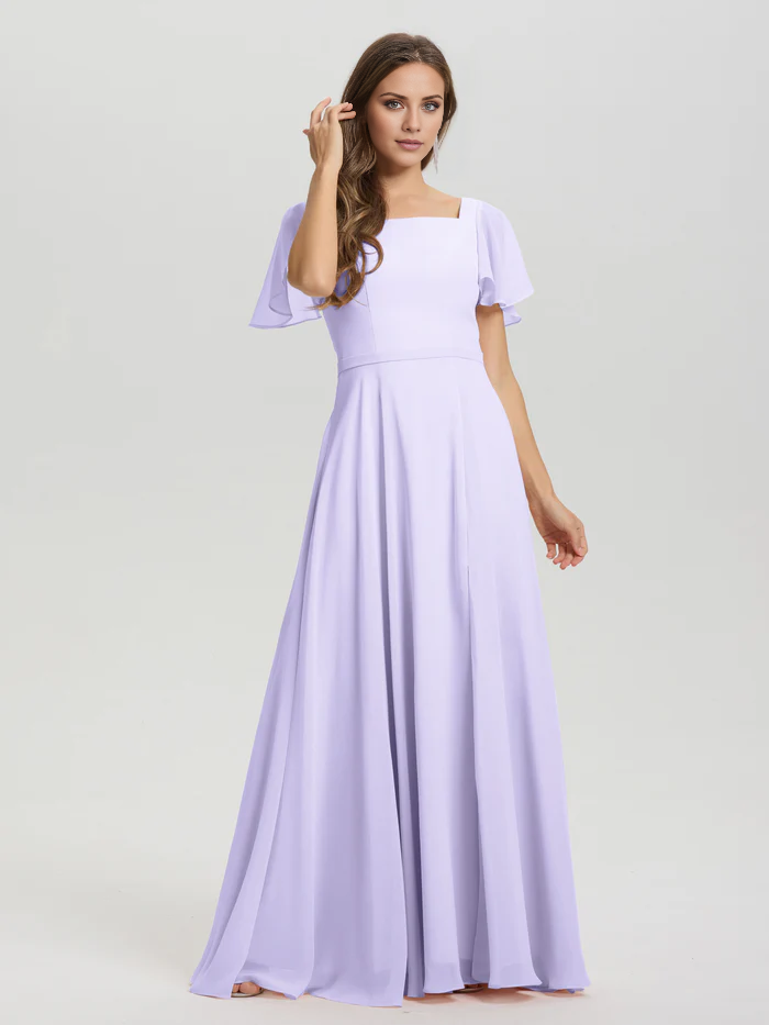 A-line square collar ruffled short sleeved and ground chiffon/ground length bridesmaid dress