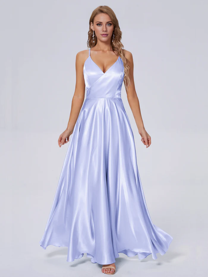 Elegant shoulder strap soft satin and floor length bridesmaid dress