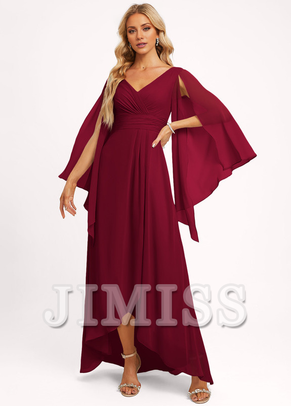 Ruffled A-line V-neck Asymmetric Chiffon Bridesmaids Dress