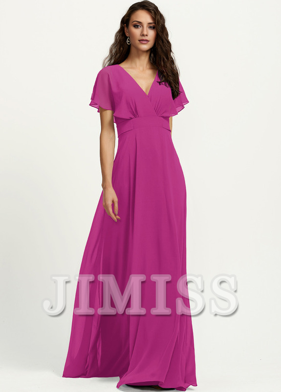 A-line V-neck floor-length chiffon bridesmaid dress