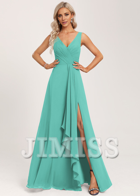 Ruffled A-line V-neck Floor-length Chiffon Bridesmaids Dress