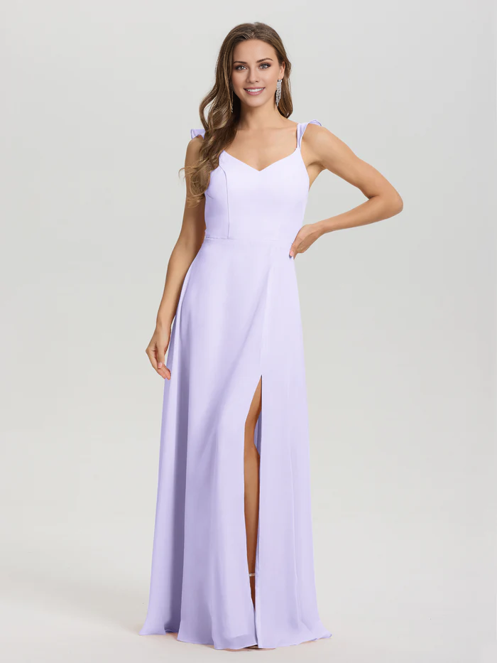 V-neck shoulder strap tied chiffon slit and floor length bridesmaid dress