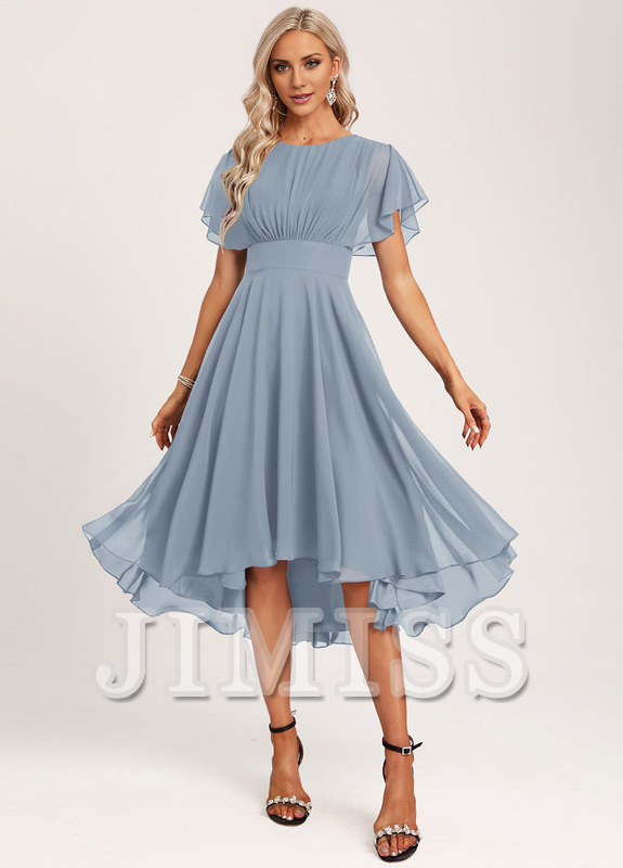 Ruffled A-line Spoon Asymmetric Chiffon Bridesmaids Dress