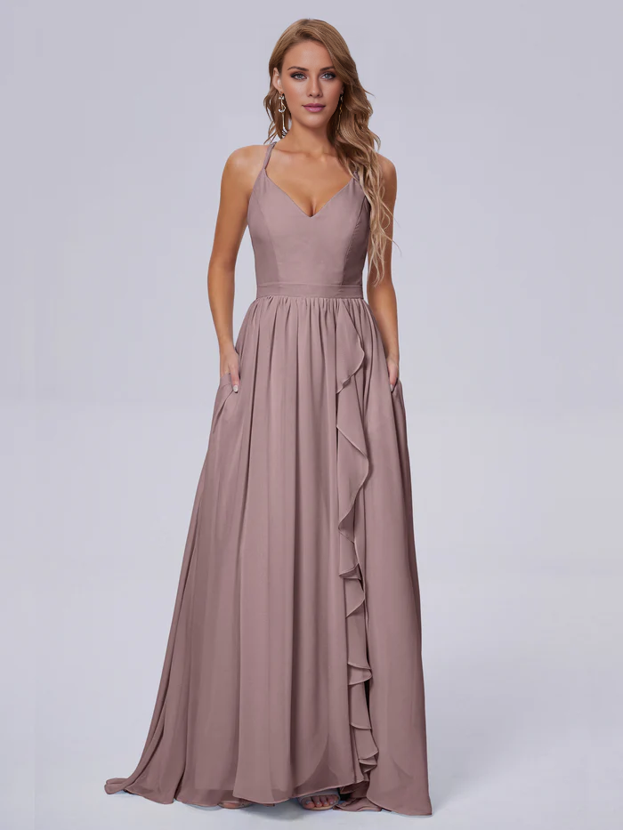 Elegant shoulder strap chiffon and floor length bridesmaid dress