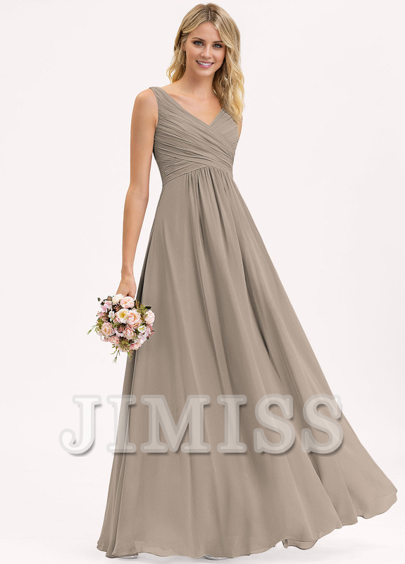 A-line V-neck floor-length chiffon pleated bridesmaid dress