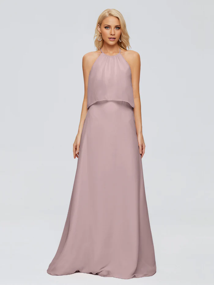 Post neck chiffon and floor length bridesmaid dress