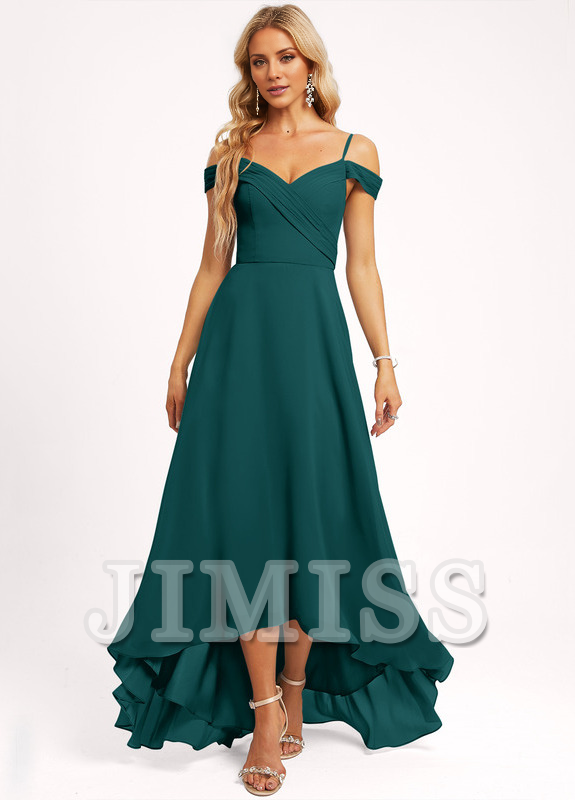 A-line off-shoulder asymmetric chiffon bridesmaid dress