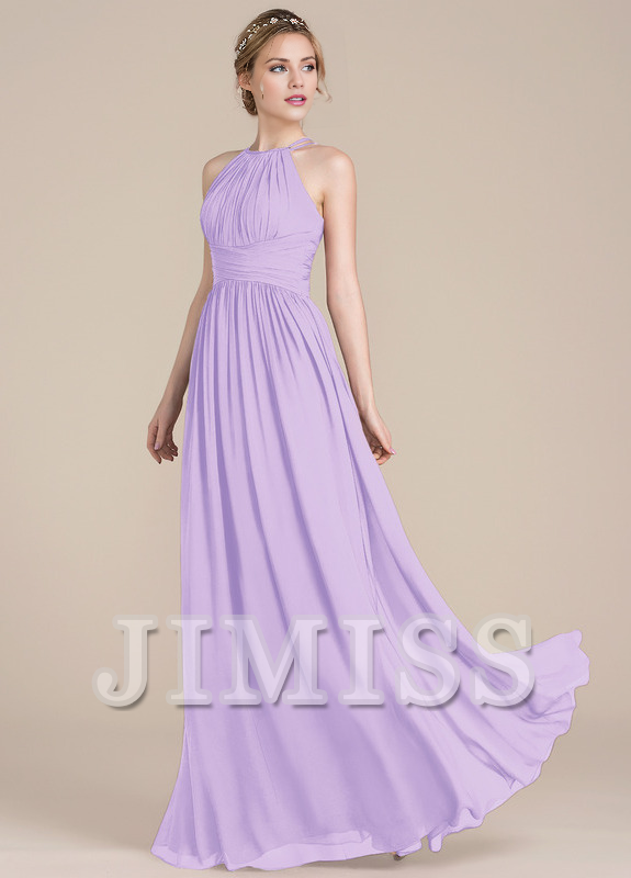 Lotus leaf A-line low round neck chiffon bridesmaid dress