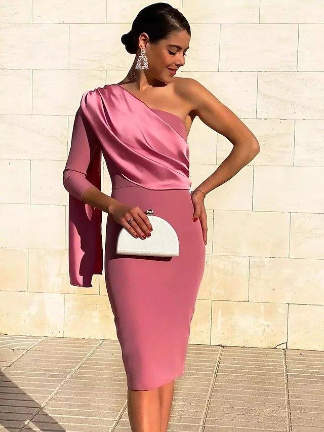 Sheath / Column Elegant Vintage Wedding Guest Cocktail Party Dress One Shoulder 3/4 Length Sleeve Knee Length Stretch Fabric with Draping - RongMoon