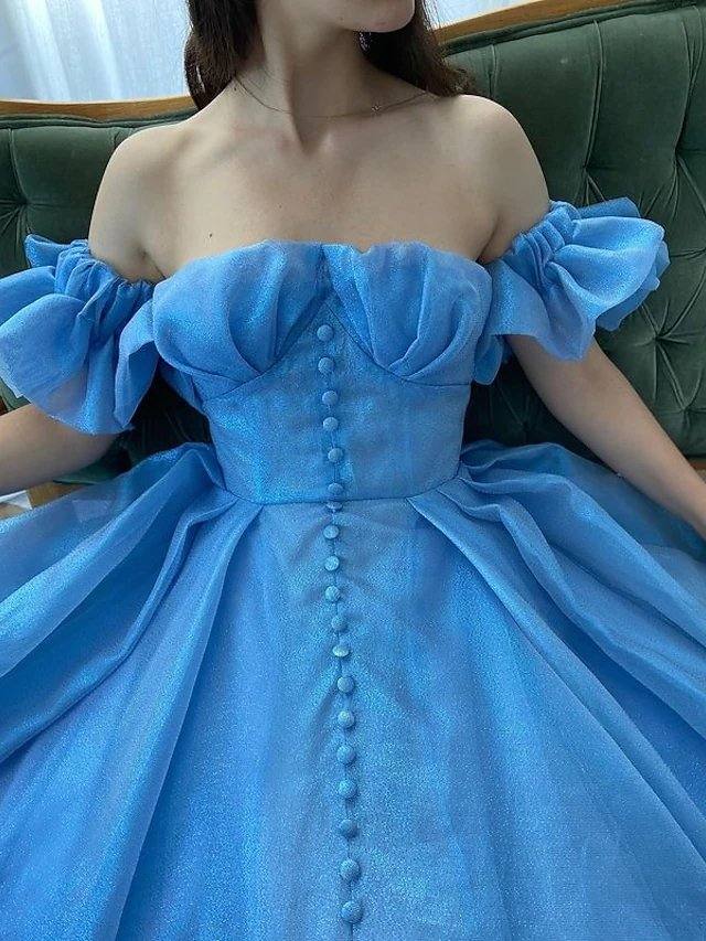 A-Line Elegant Sexy Engagement Prom Dress Off Shoulder Sleeveless Floor Length Organza with Pleats Split - RongMoon