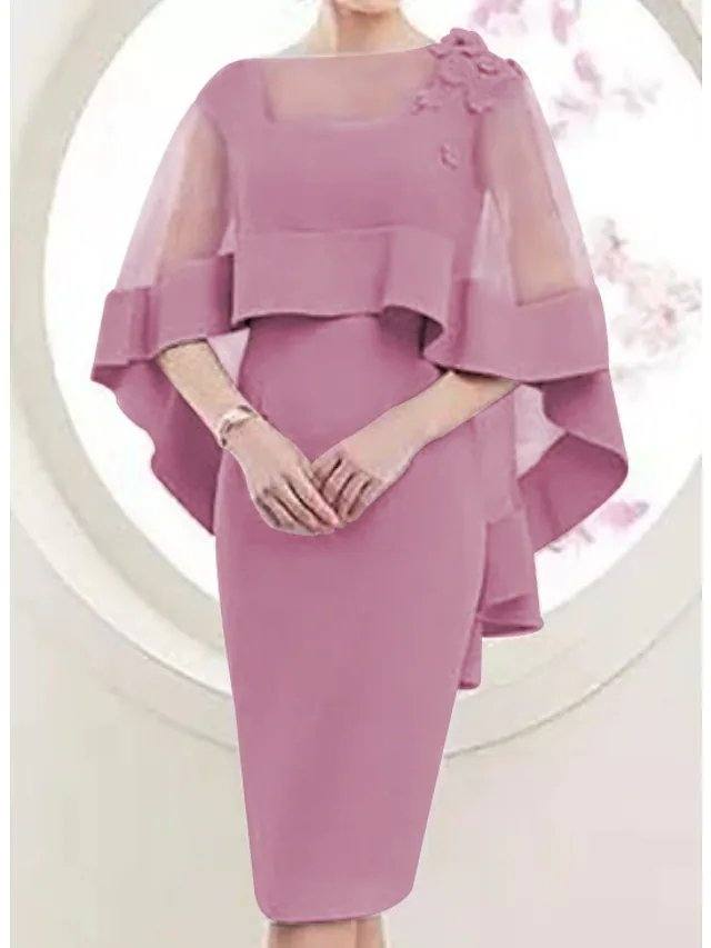 Sheath / Column Mother of the Bride Dress Elegant Square Neck Knee Length Satin Tulle 3/4 Length Sleeve with Appliques - RongMoon