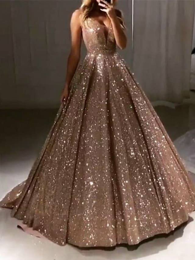 Ball Gown Luxurious Sparkle Quinceanera Prom Dress V Neck Sleeveless Sweep / Brush Train Sequined with Pleats Sequin - RongMoon