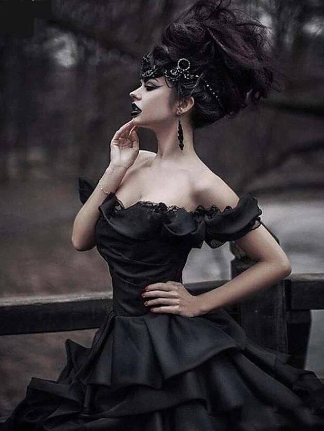 Ball Gown Wedding Dresses Off Shoulder Court Train Lace Tulle Short Sleeve Sexy Black Modern with Lace Cascading Ruffles - RongMoon