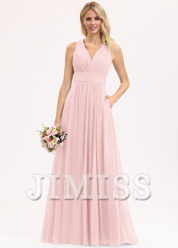 Bow Ruffle A-Line V-Neck Floor Length Chiffon Bridesmaids Dress