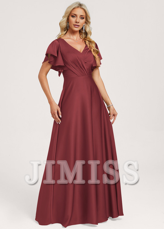 Ruffled A-line V-neck Floor-length Satin Bridesmaids Dress