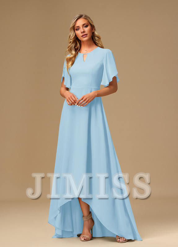 Ruffled A-line Boat Neck Asymmetric Chiffon Bridesmaids Dress