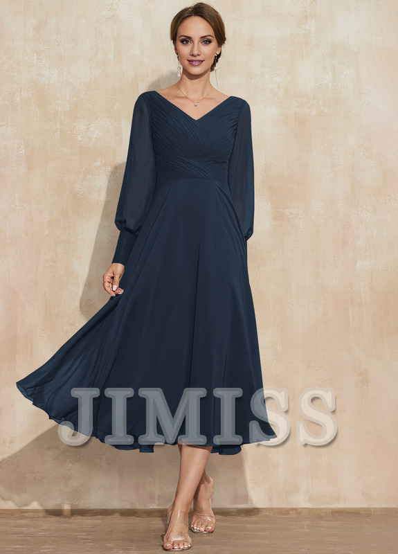 A-line V-neck tea-length chiffon pleated bridesmaid dress