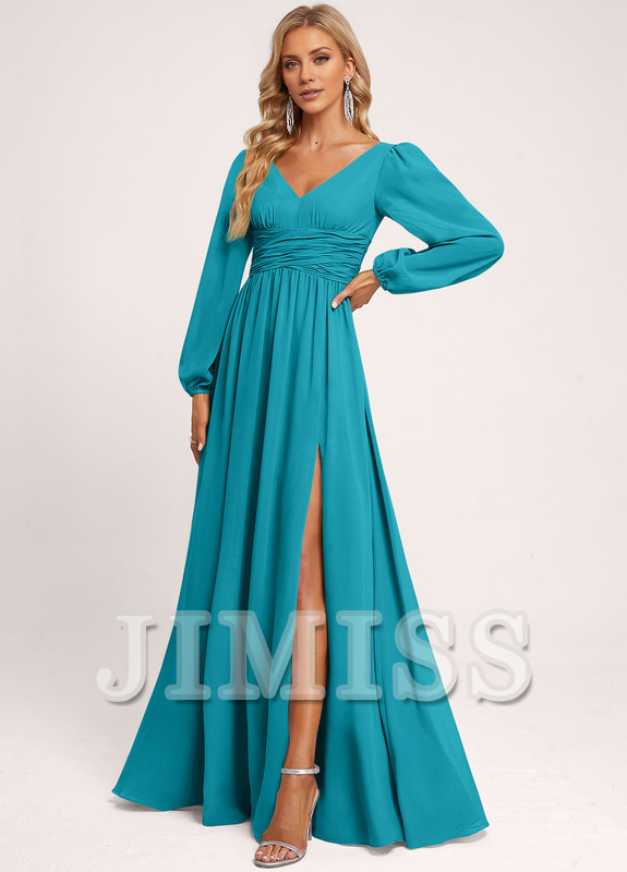 Ruffled A-line V-neck Floor-length Chiffon Bridesmaids Dress