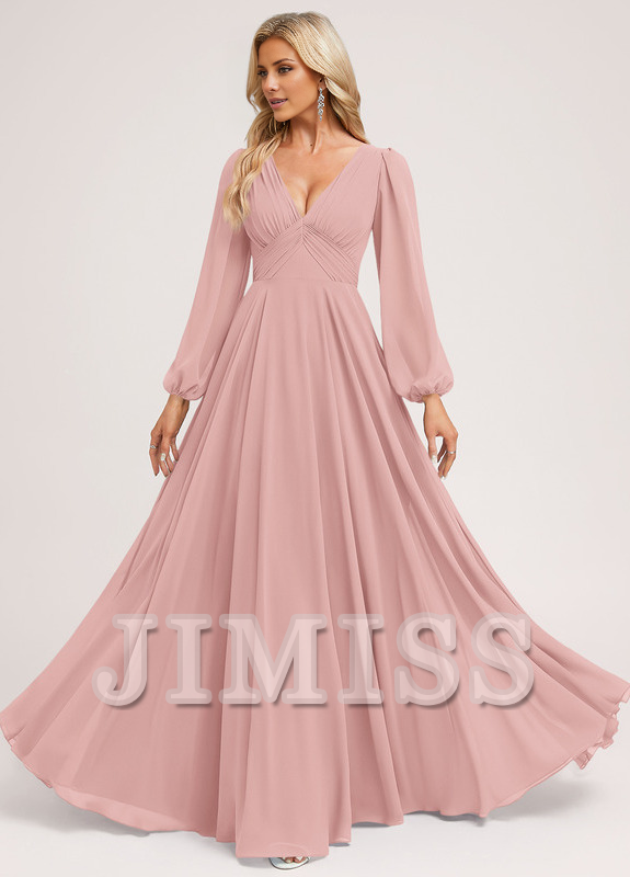 A-line V-neck floor-length chiffon bridesmaid dress