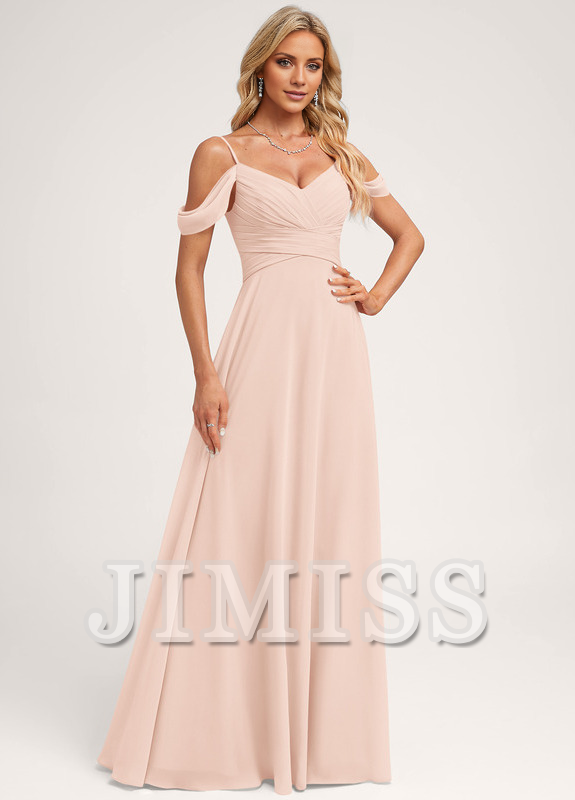 A-line off-shoulder floor-length chiffon bridesmaid dress