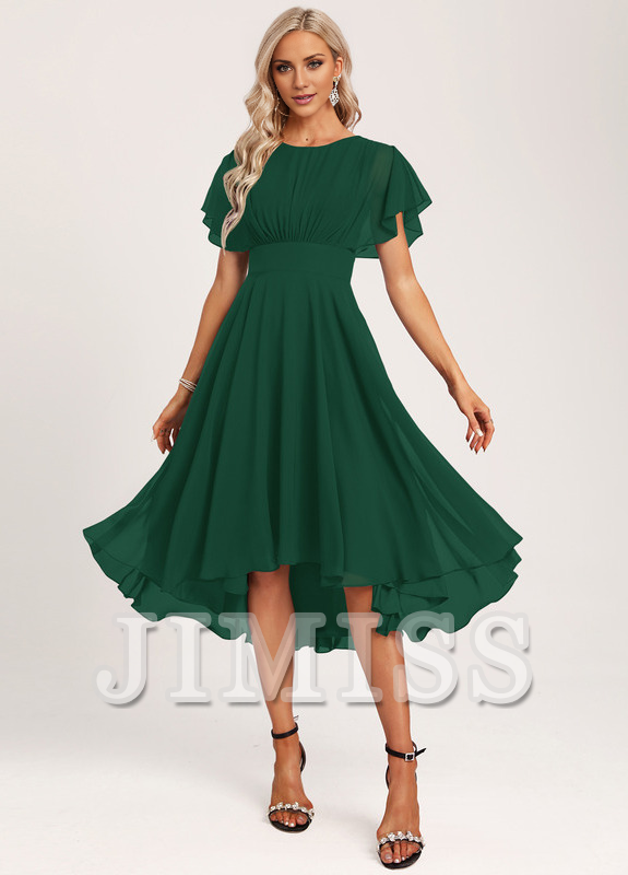 Ruffled A-line Spoon Asymmetric Chiffon Bridesmaids Dress
