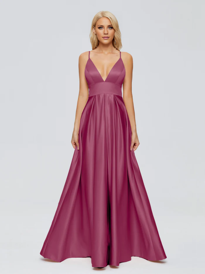 V-neck thin shoulder strap satin and floor length bridesmaid dress