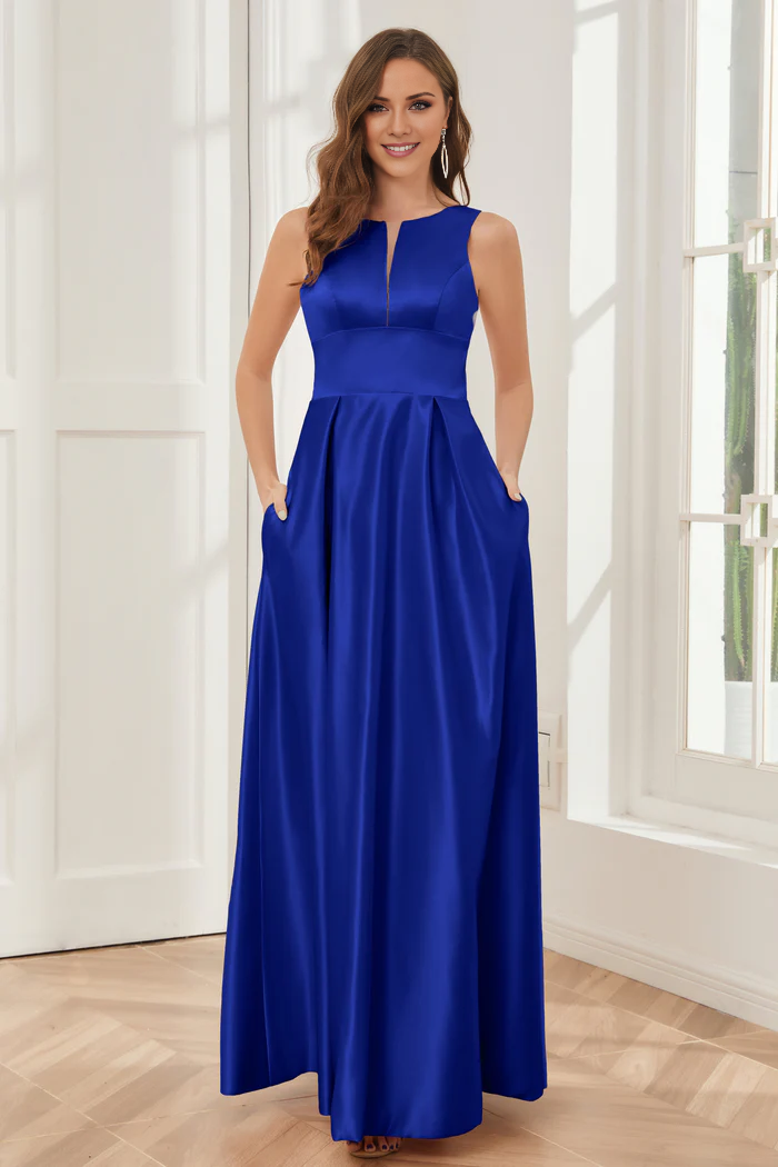 A-line sleeveless satin and floor length bridesmaid dress