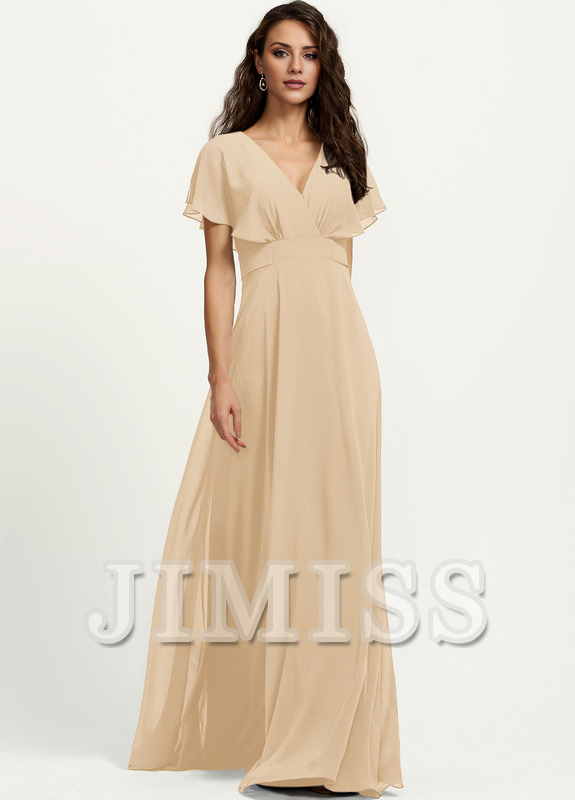 A-line V-neck floor-length chiffon bridesmaid dress