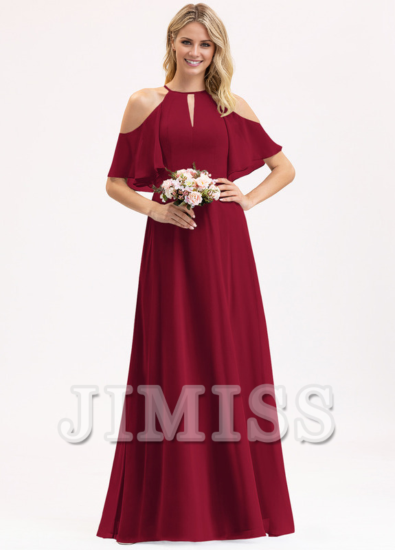 A-line off-the-shoulder scoop neck floor-length chiffon bridesmaid dress