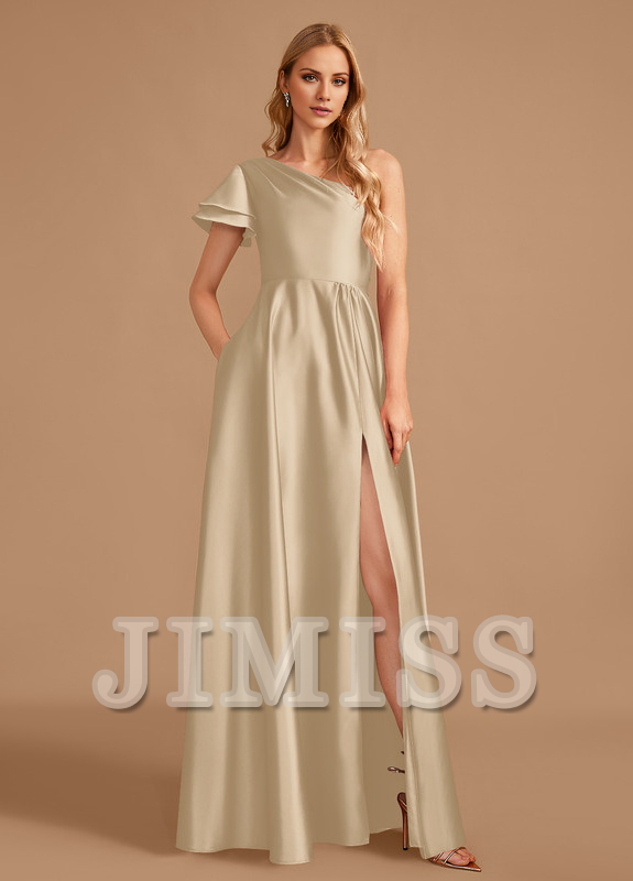 A-line one-shoulder floor-length satin bridesmaid dress