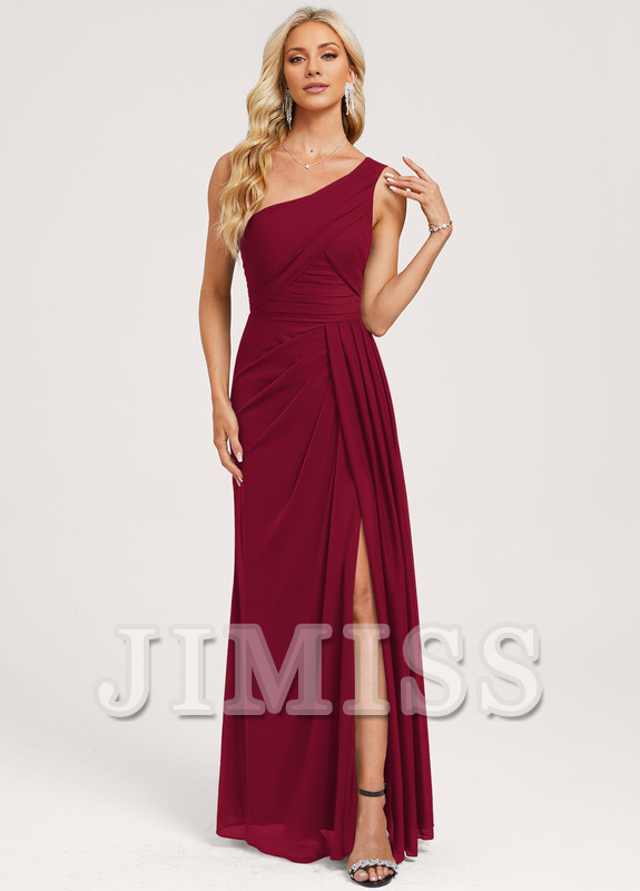 Ruffled A-line One Shoulder Floor Length Mesh Bridesmaid Dress