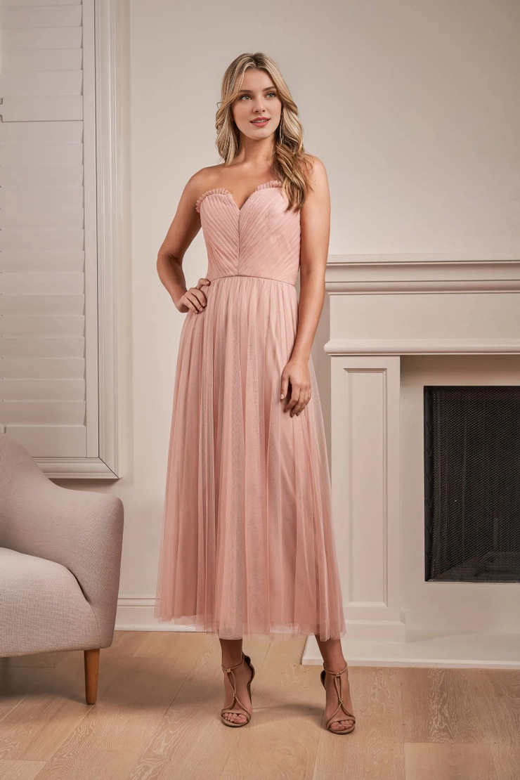 Soft chiffon A-line off shoulder V-shaped ruffled mid length bridesmaid dress